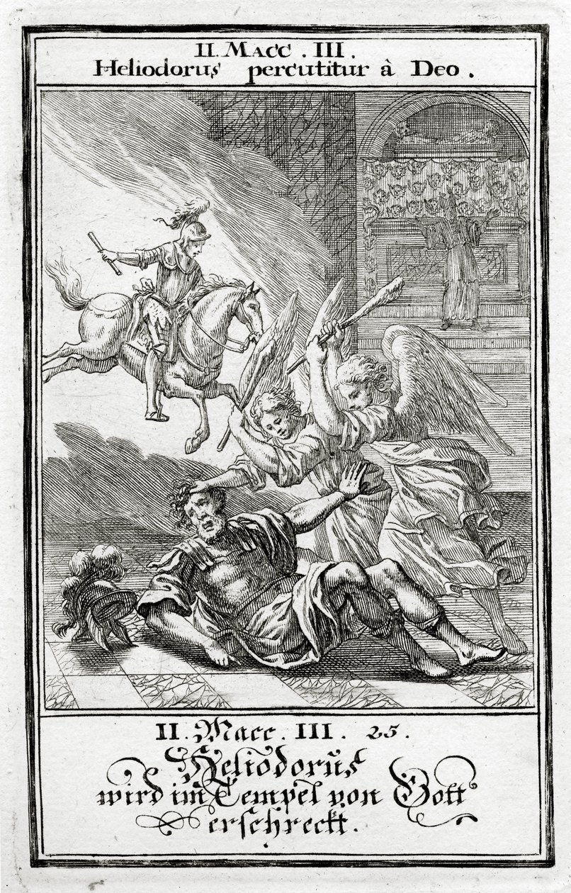 Dios asusta a Heliodoro en un templo, 2 Macabeos (3:21-28), 1695 de Christoph Weigel