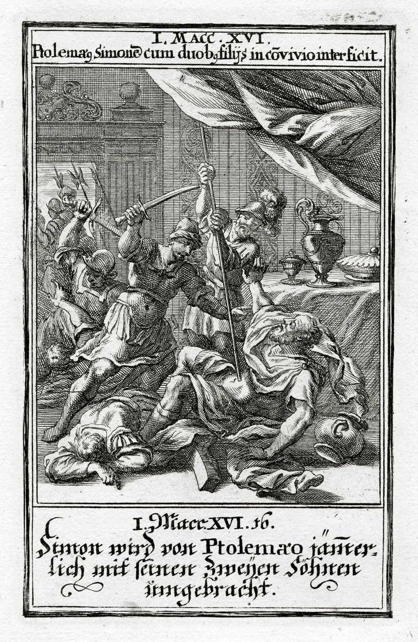 Simón y sus dos hijos son asesinados por Ptolomeo. 1 Macabeos 14:16, 1695 de Christoph Weigel