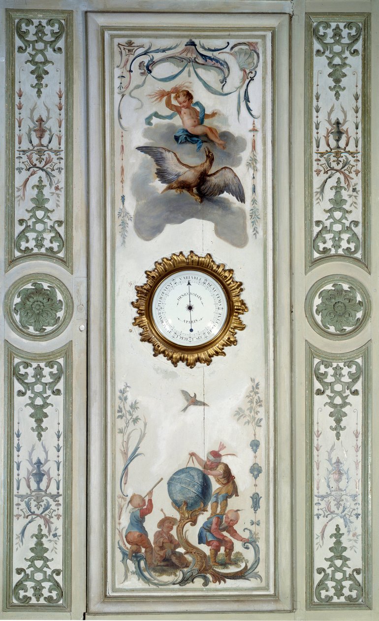 Panel del gran salón del Chateau de Champs sur Marne con barómetro y chinoiserie de Christophe Huet