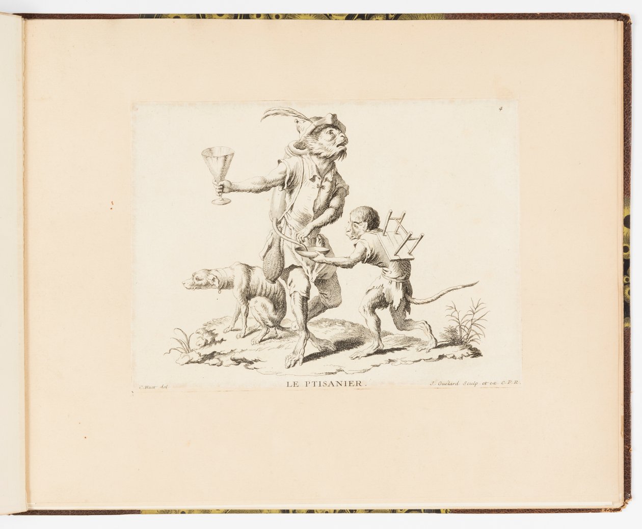 Placa 4, La Ptisanier (El vendedor de té de hierbas), Singeries ou différentes actions de la vie humaine représentées par des singes (Payasadas de monos o diferentes acciones de la vida humana representadas por monos) de Christophe Huet