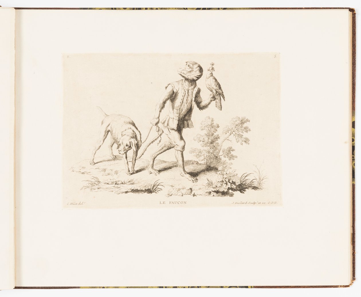 Placa 5, Le Faucon (El Halcón), Singeries ou différentes actions de la vie humaine représentées par des singes (Payasadas de monos o diferentes acciones de la vida humana representadas por monos) de Christophe Huet