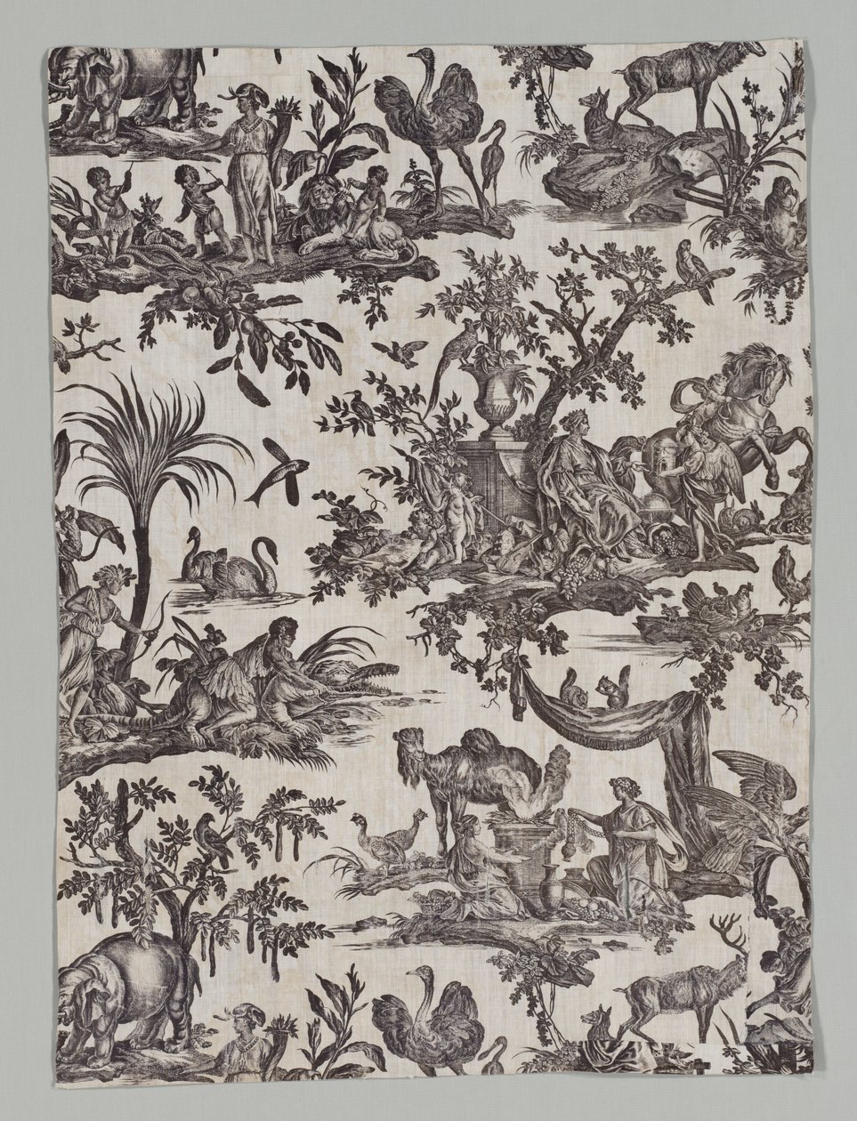 Fragmento de algodón impreso con plancha de cobre con diseño Les quatres parties du monde, 1788 de Christophe Philippe Oberkampf