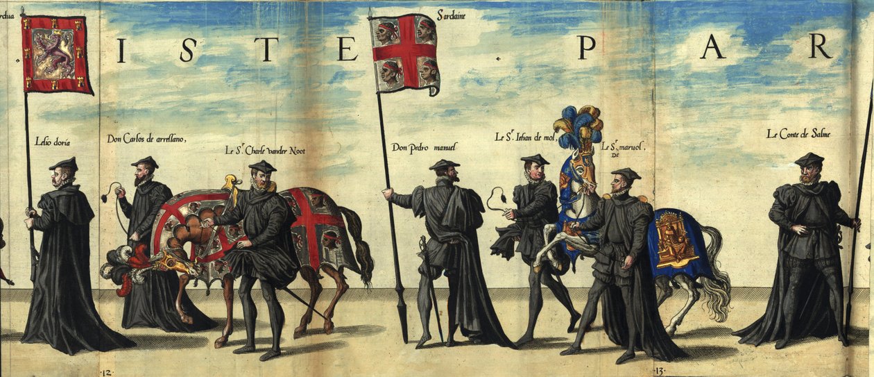 Bandera del Reino de Cerdeña en el cortejo fúnebre del Emperador Carlos V de Christophe Plantin