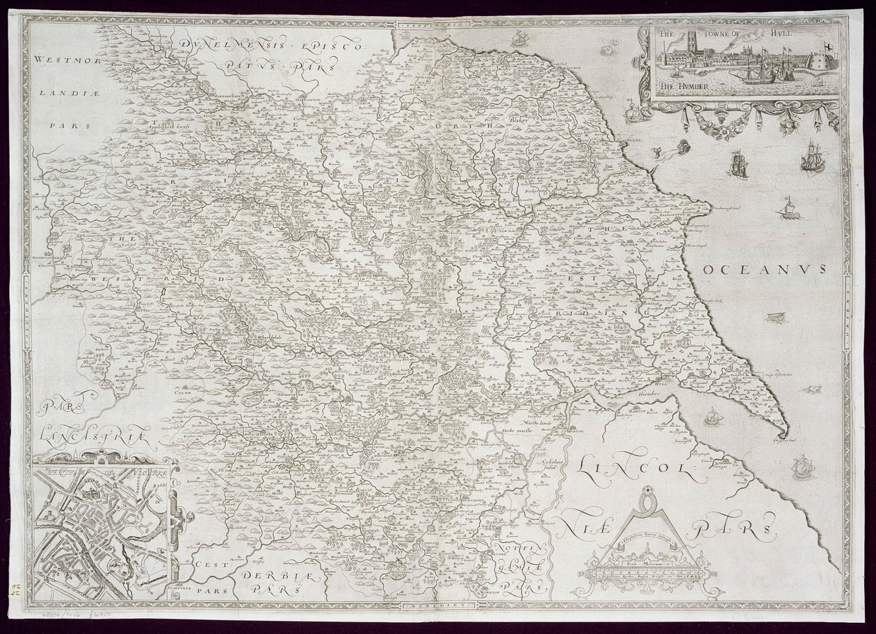 Mapa de Yorkshire, grabado por William Web, publicado en 1645 de Christopher Saxton