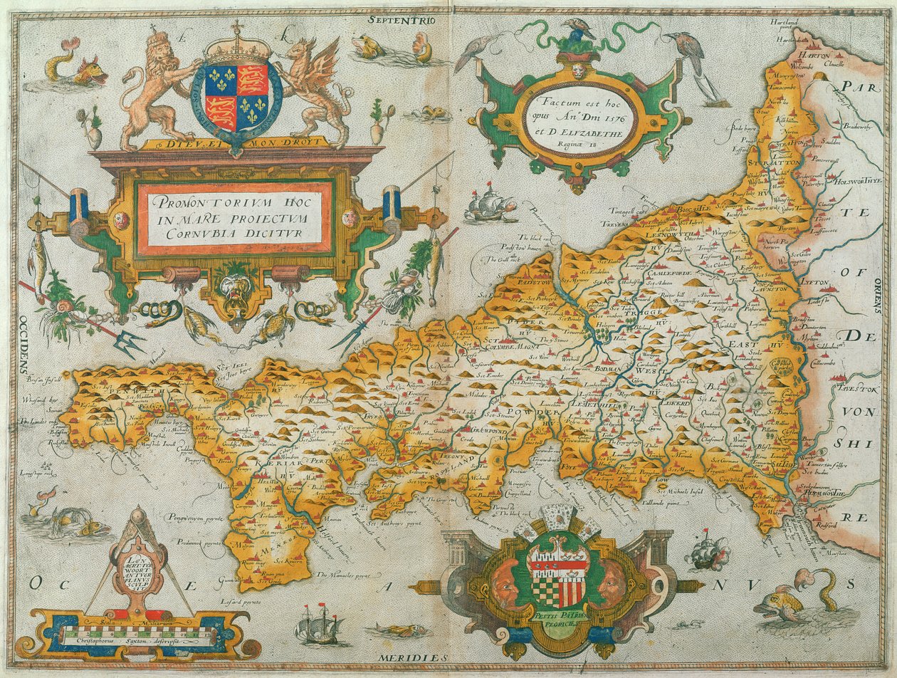 Mapa del Condado de Cornwall, 1579 de Christopher Saxton