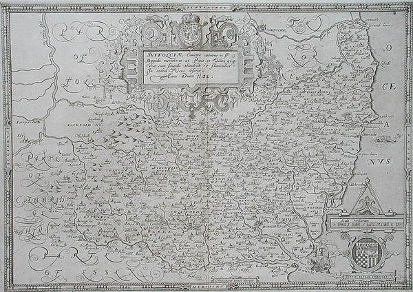 Mapa de Suffolk, grabado por William Web de Christopher (after) Saxton