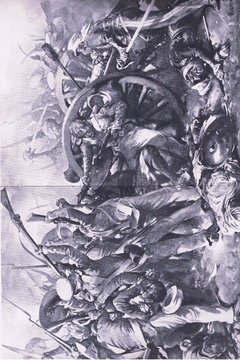 La batalla de Meanee, 17 de febrero de 1843: La lucha en los cañones, ilustración de British Battles on Land and Sea, 1915 de Christopher Clark
