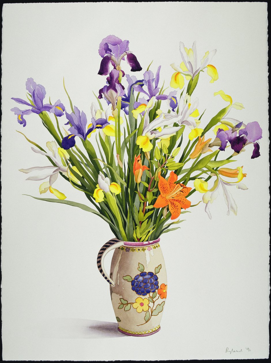 Iris y Lirios en una Jarra Holandesa de Christopher Ryland