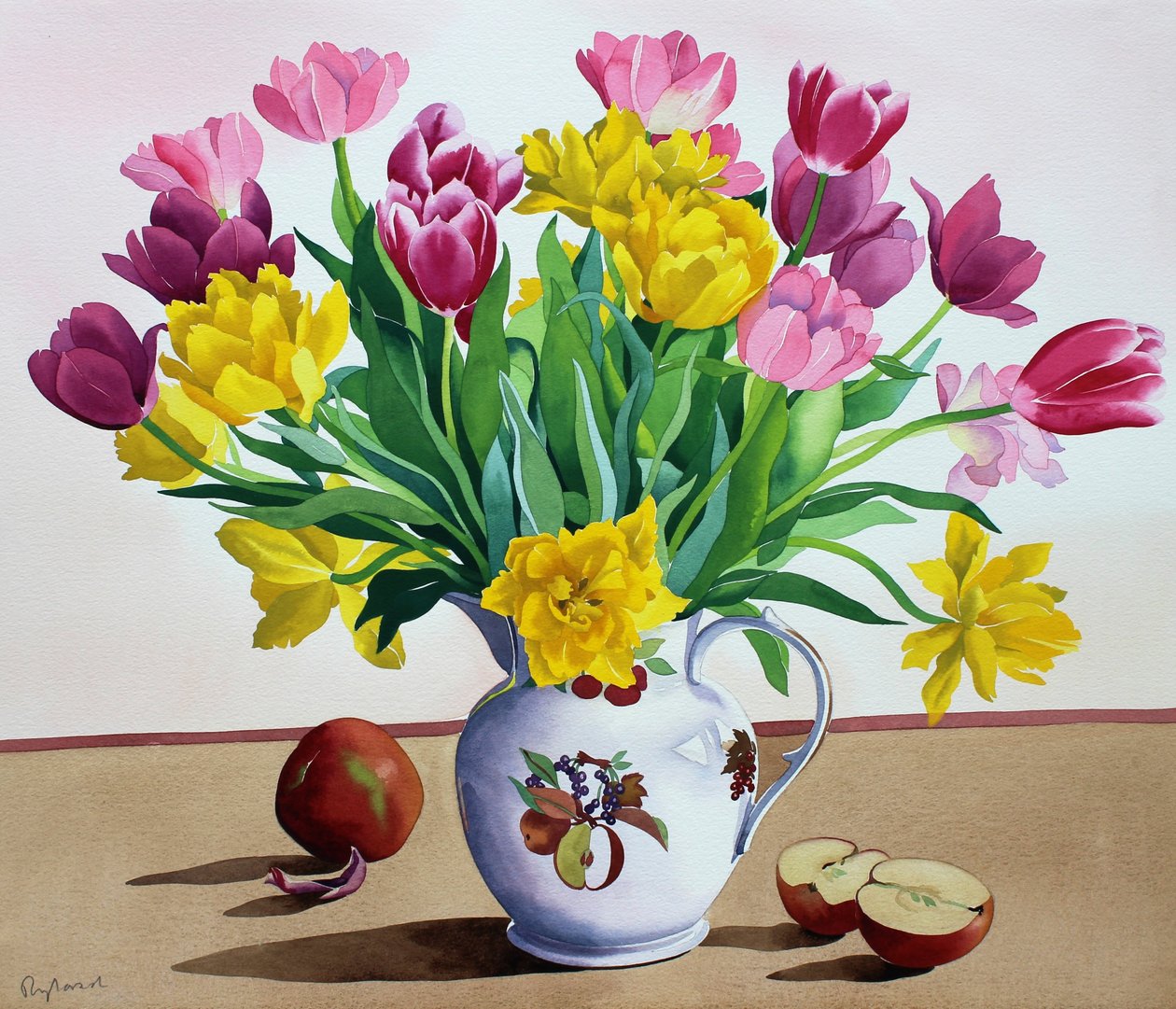 Tulipanes en jarra con manzanas de Christopher Ryland