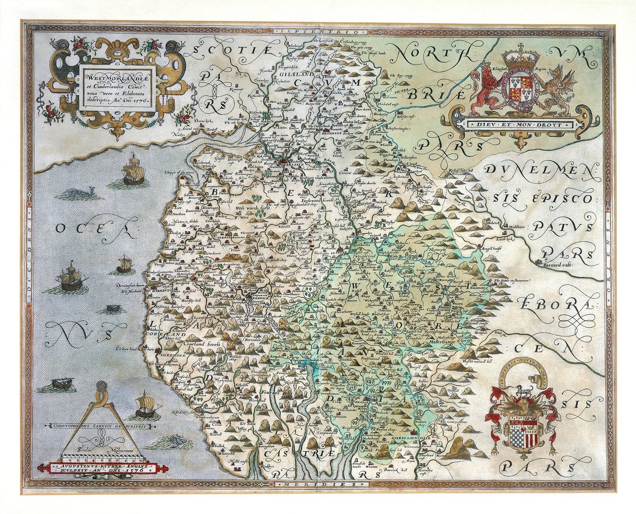 Un mapa de Westmorland y Cumberland, 1576 de Christopher Saxton