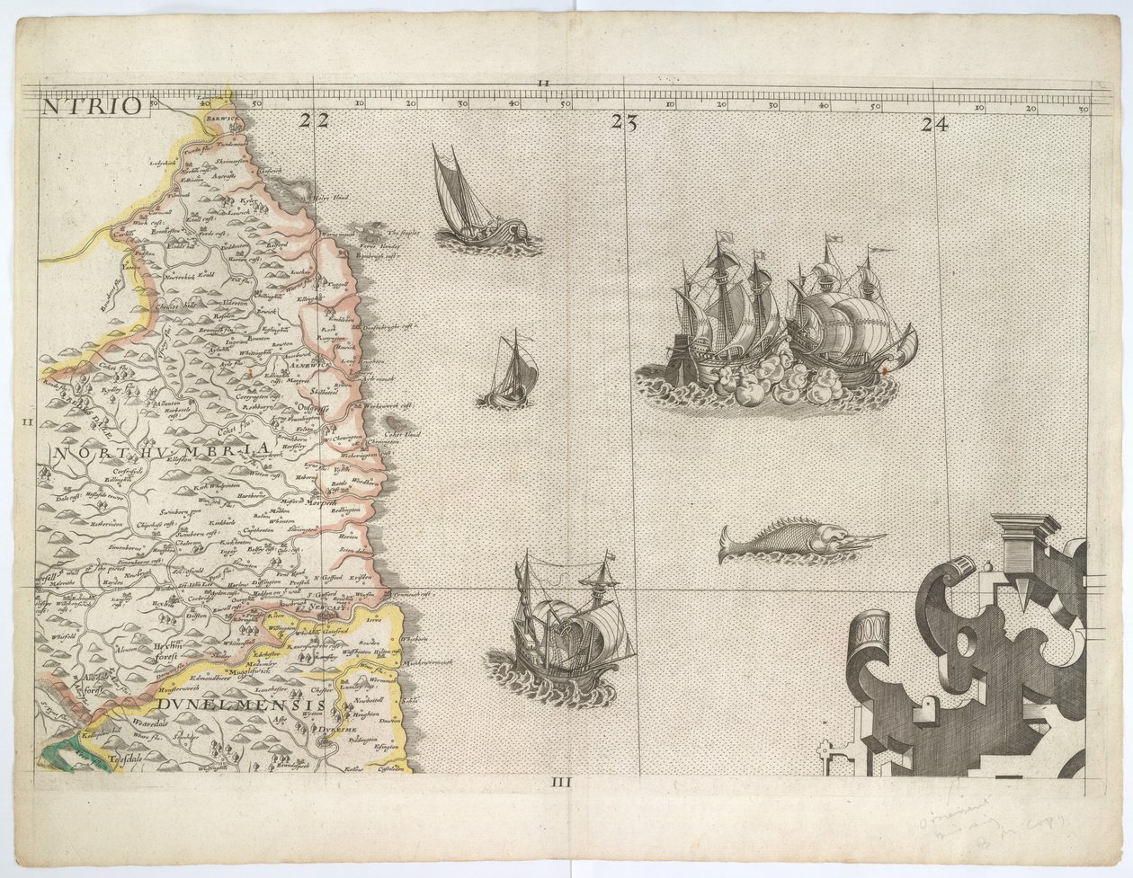 Northumbria, y noreste de Inglaterra, del mapa mural de Saxton de 1583 (grabado) de Christopher Saxton
