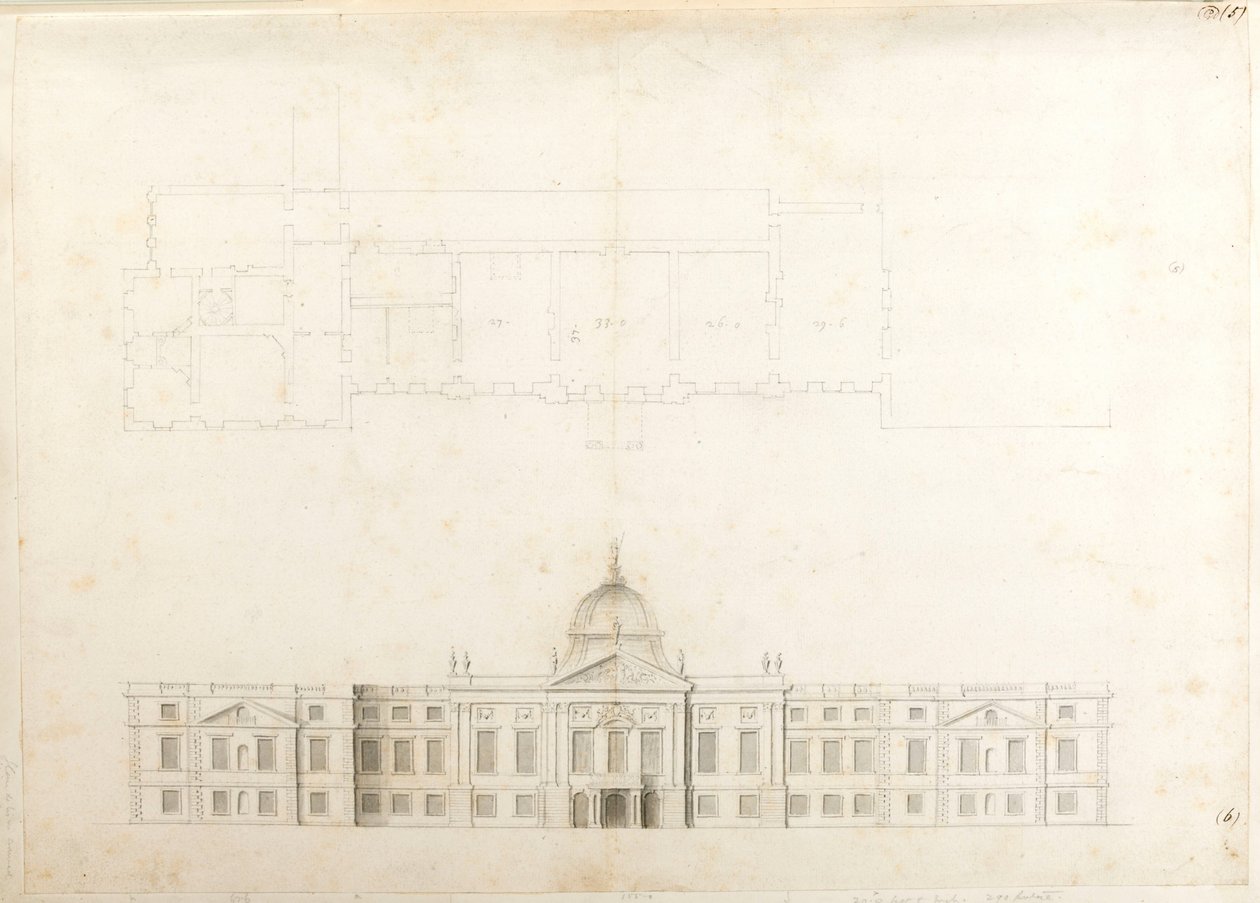 Palacio de Hampton Court, plano parcial y elevación de boceto para una fachada de entrada, probablemente para el segundo esquema, numerado 5 y 6 de Christopher Wren