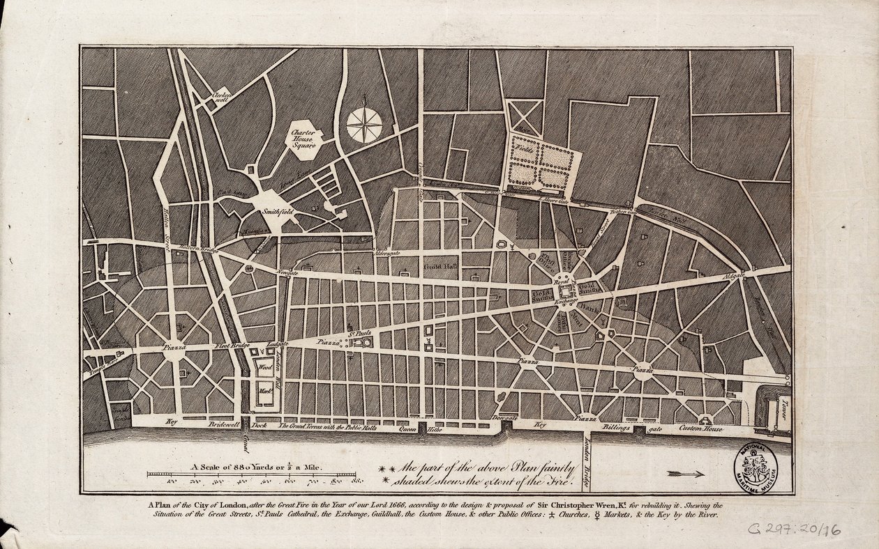 Plano de la ciudad de Londres tras el Gran Incendio de 1666 (impresión) de Christopher Wren