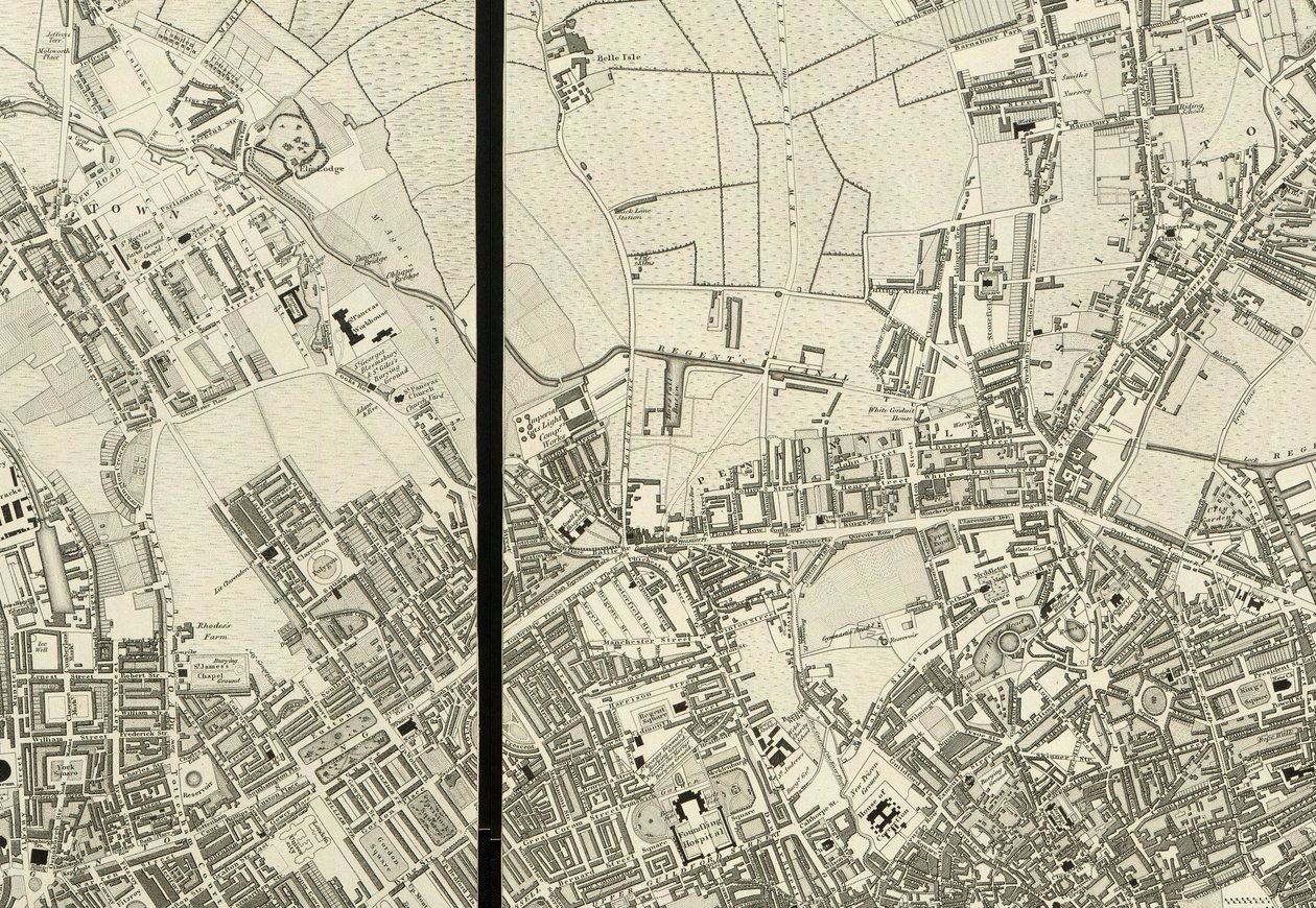 Detalle de la zona alrededor de Pentonville, del Mapa de Londres, a partir de una encuesta real realizada en los años 1824 de Christopher and John (fl.1821 40) Greenwood