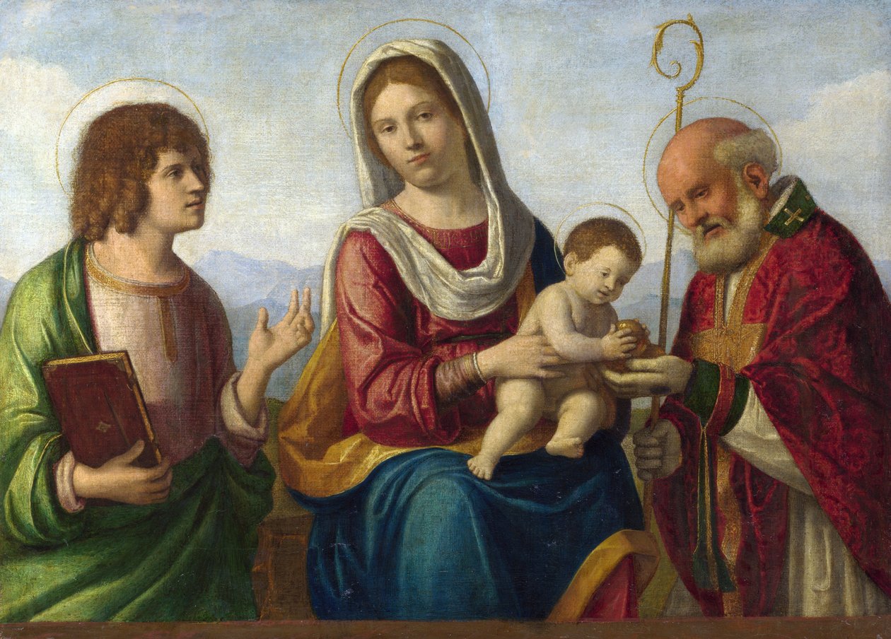 Madonna y el Niño entre los santos Juan el Evangelista y Nicolás de Bari de Cima da Conegliano