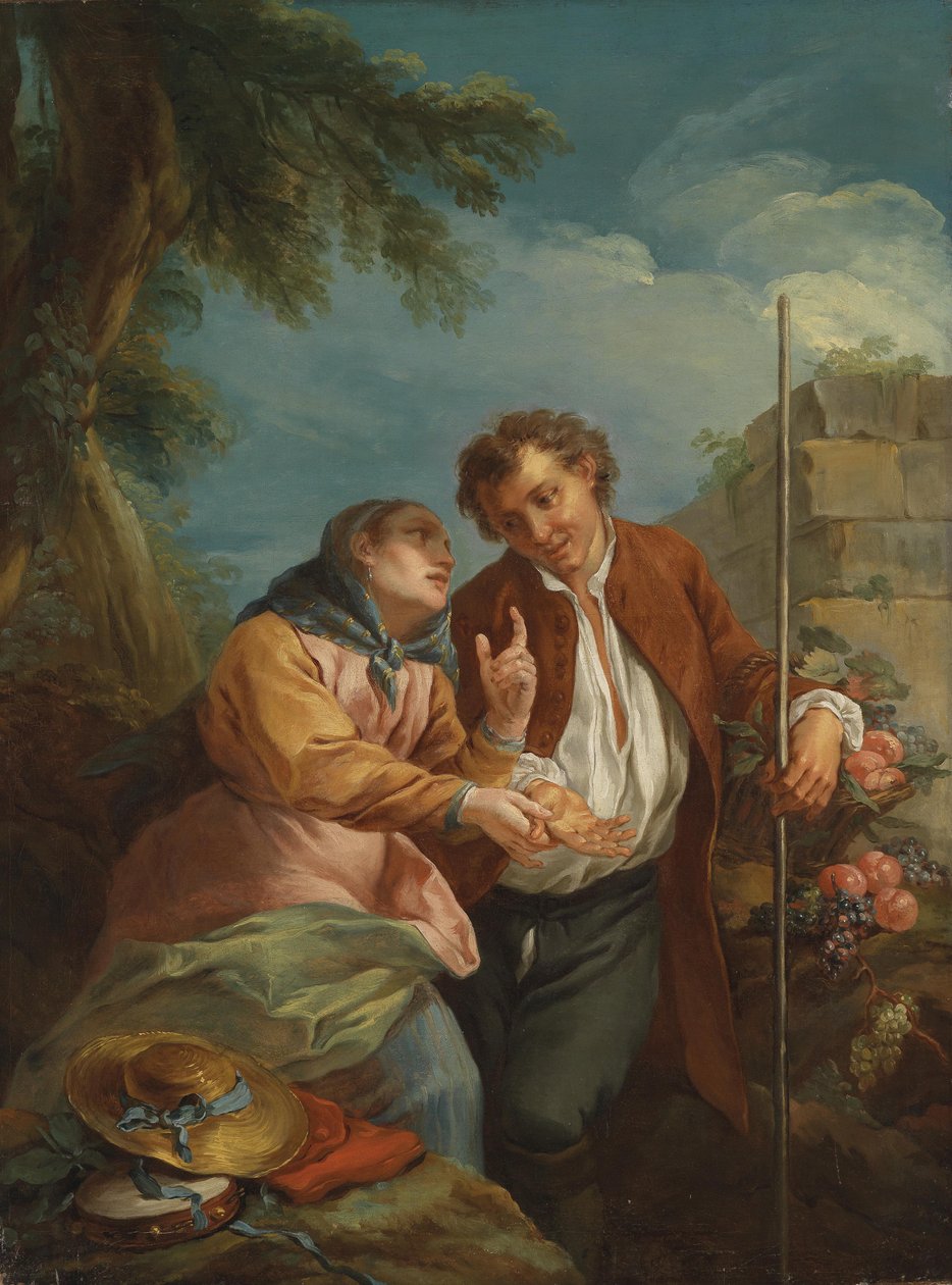 Una lectora de manos y un joven vendedor de frutas de Circle of Charles André van Loo