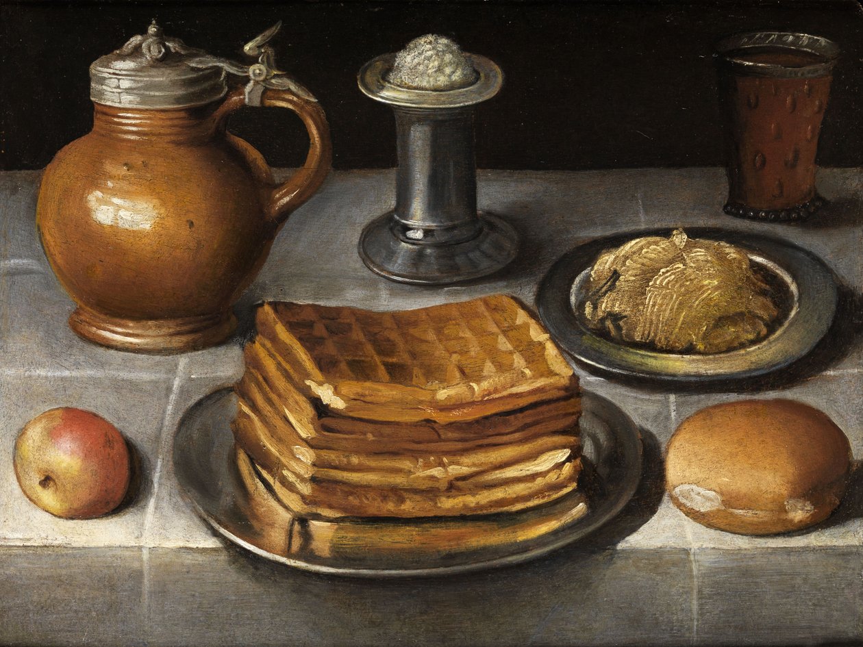 Bodegón con platos de estaño, jarra de piedra y gofres de Circle of Georg Flegel