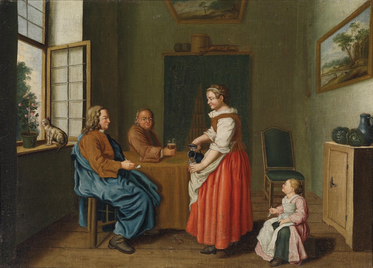 Interior con dos hombres en la mesa y una sirvienta que los atiende de Jan Josef Horemans II