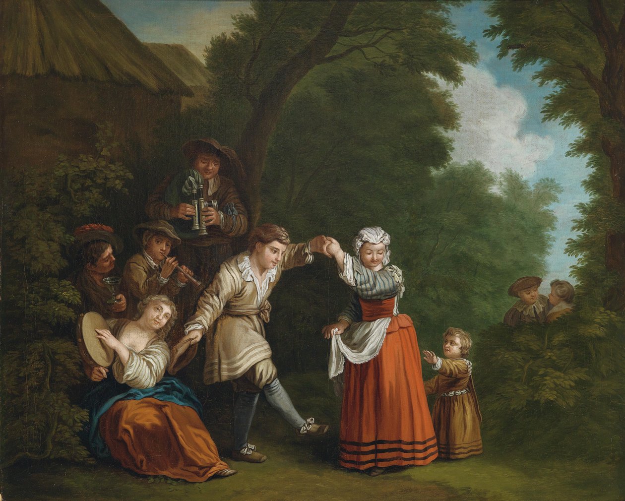 Un baile rural (con gaitero) de Circle of Jean Baptiste Le Prince