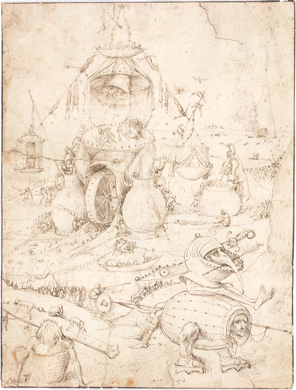 Una escena del infierno con un monstruo pez con una rueda en la boca de Follower of Hieronymus Bosch