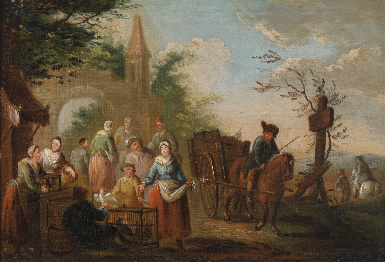 Vendedor de aves frente a una puerta de la ciudad de Circle of Pieter Angillis