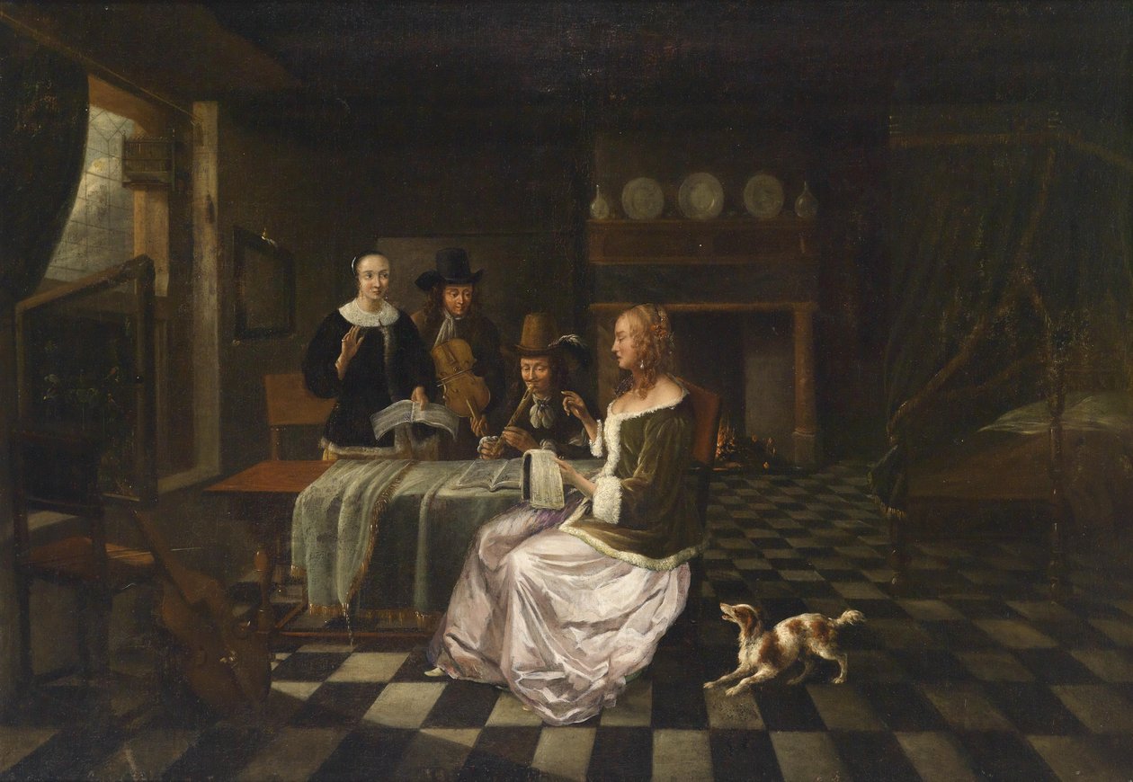 Interior burgués con cuatro personas de Circle of Pieter de Hooch