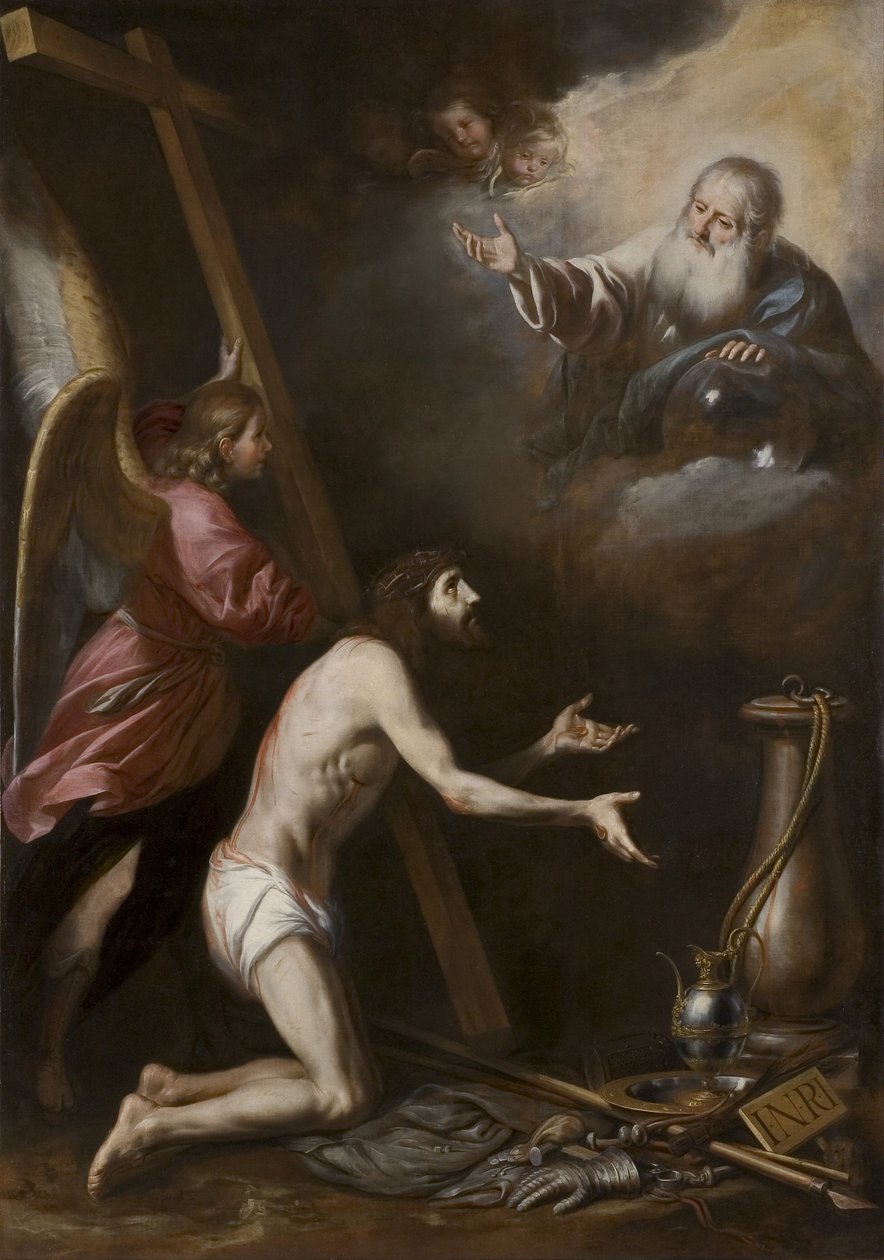 Spanish: Cristo flagelado arrodillado ante Dios Padre de Circle of Antonio del Castillo y Saavedra