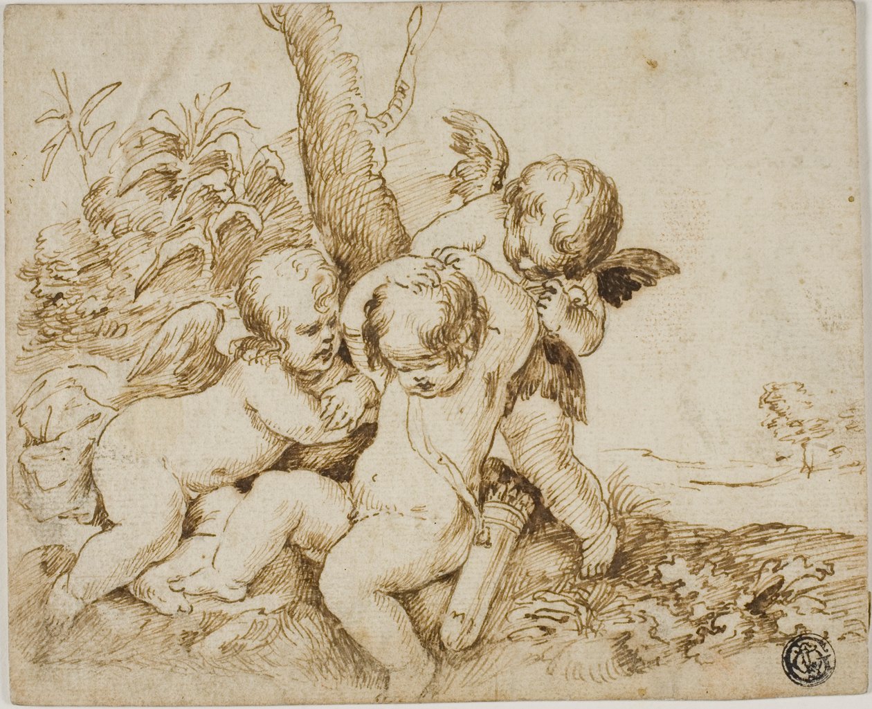 Dos Putti vendan los ojos a un tercero de Circle of Guido Reni