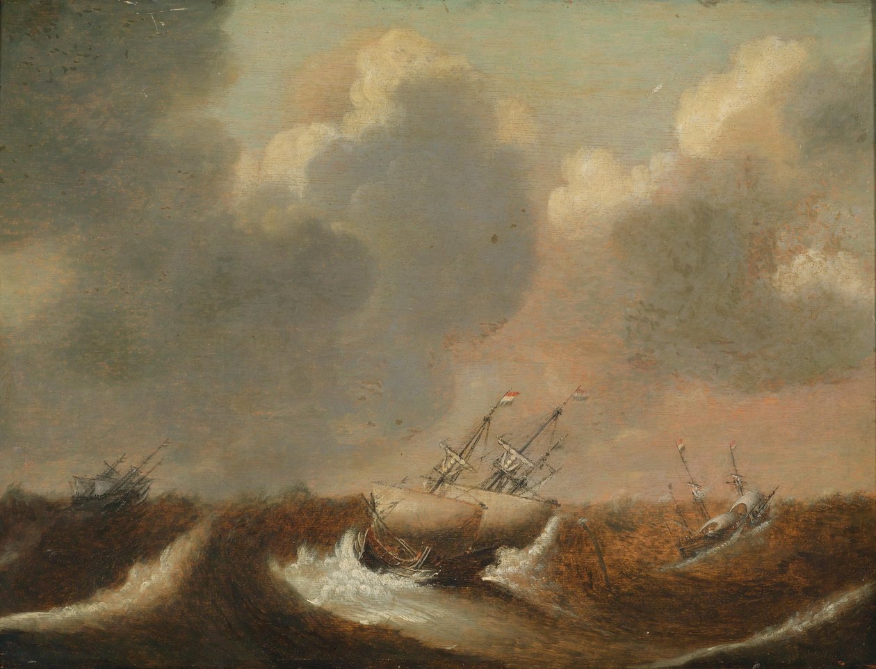 Barcos en tormenta marina de Claes Claesz. Wou