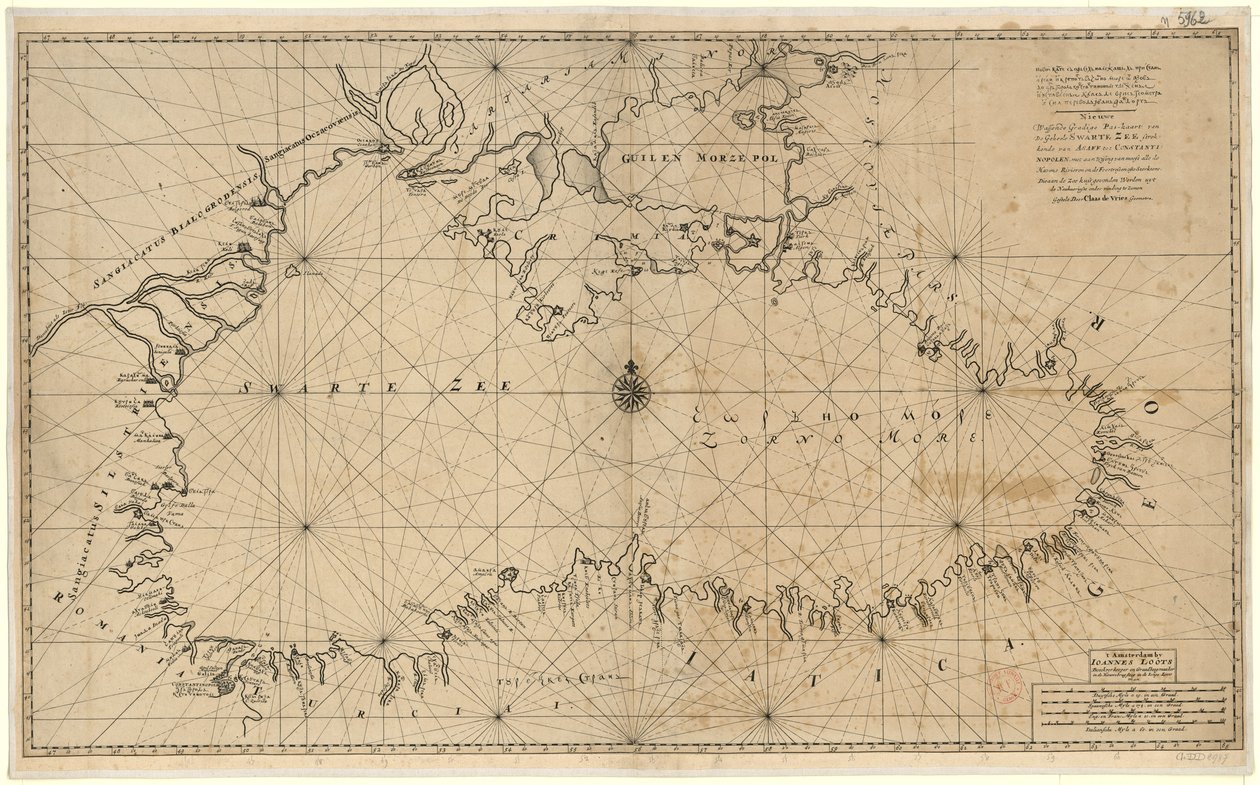 Nueva carta de navegación creciente y graduada de todo el Mar Negro desde Asaff hasta Constantinopla con indicación de casi todos los puertos, ríos y fortalezas que se encuentran en la costa del mar según los hallazgos más precisos de Claes De Vries