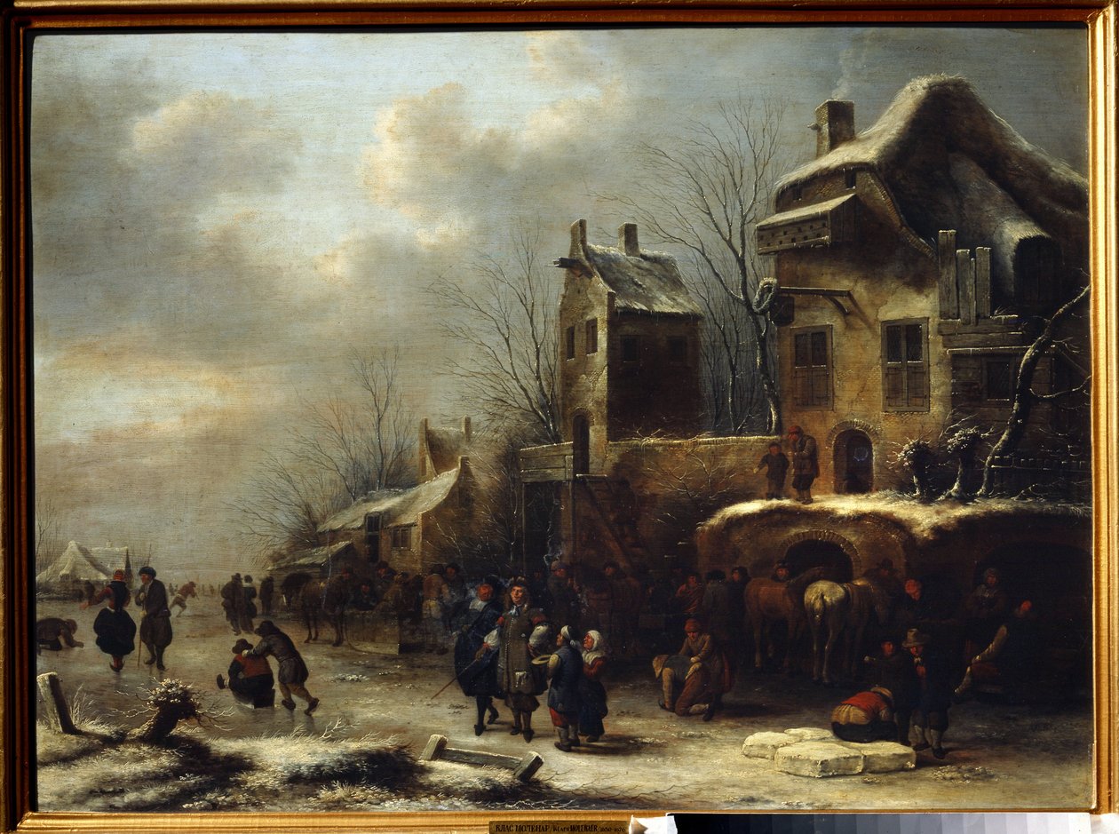 Pista de patinaje sobre un río. Pintura de Claes Molenaer (Klaes Molenaer de Claes  Molenaer
