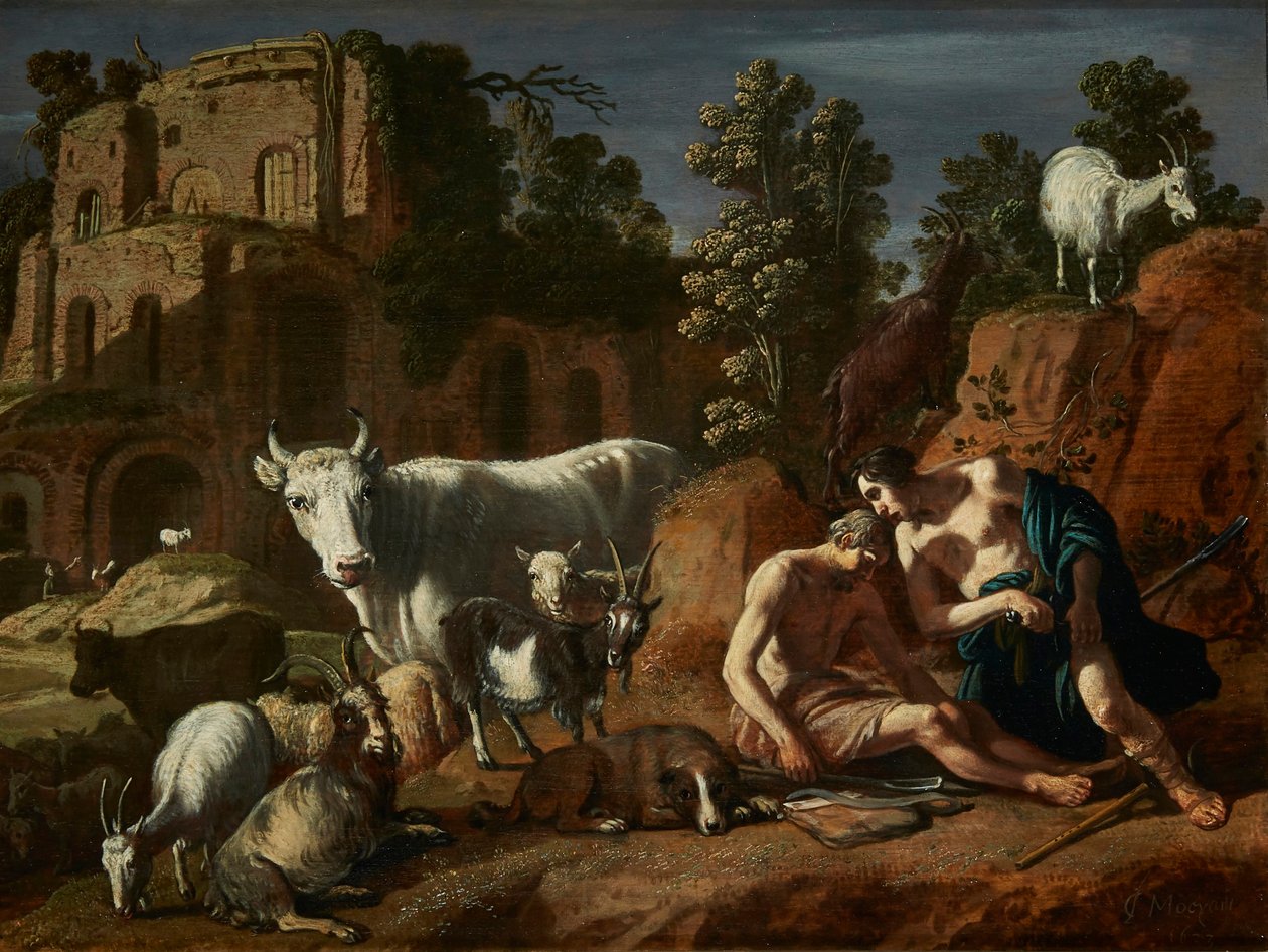 Holandés: Mercurio se prepara para decapitar al dormido Argus Mercurio y Argus rodeados de animales en un paisaje de Claes Corneliszoon Moeyaert