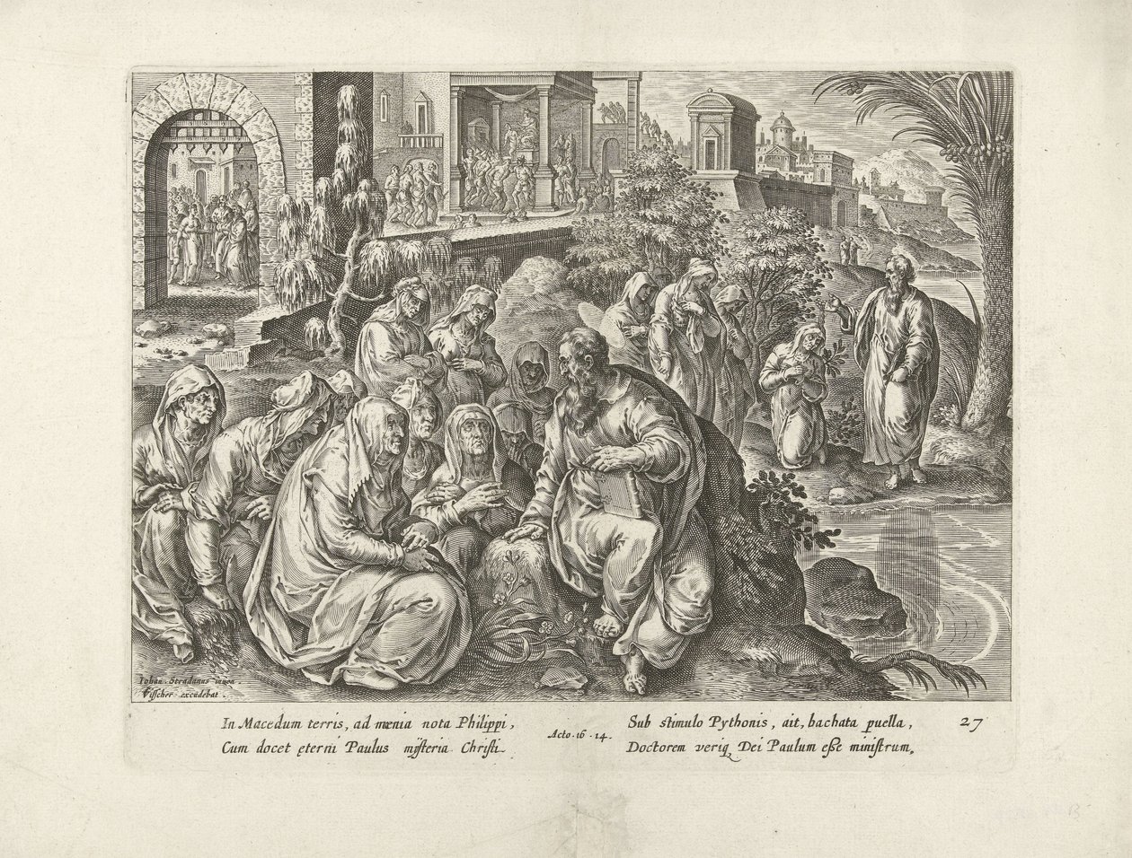 Pablo convierte a las mujeres de Filipos Hechos de los Apóstoles (título de la serie) Acta Apostolorum (título de la serie) de Claes Jansz. Visscher (II) (attributed to workshop of)