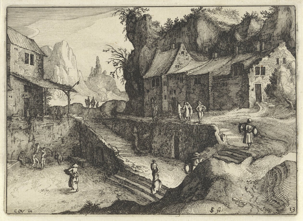 Pueblo de montaña con casas y escaleras
Paisajes holandeses (título de la serie)
Amaeniores Aliquot Regiunculae (título de la serie en el objeto) de Claes Jansz. Visscher (II)
