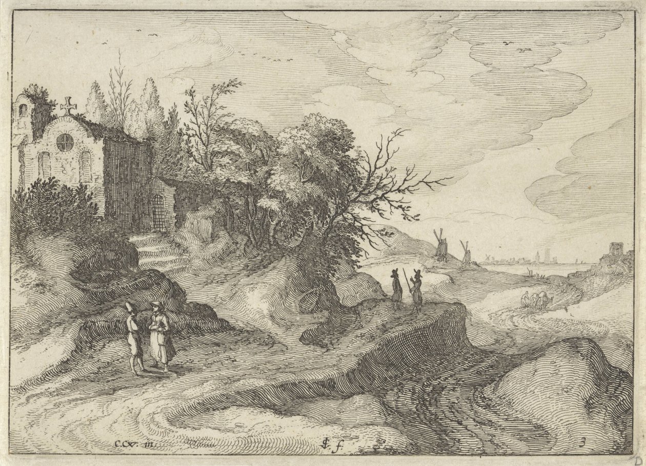 Capilla en una sinuosa carretera rural
Paisajes holandeses (título de la serie)
Amaeniores Aliquot Regiunculae (título de la serie en el objeto) de Claes Jansz. Visscher (II)