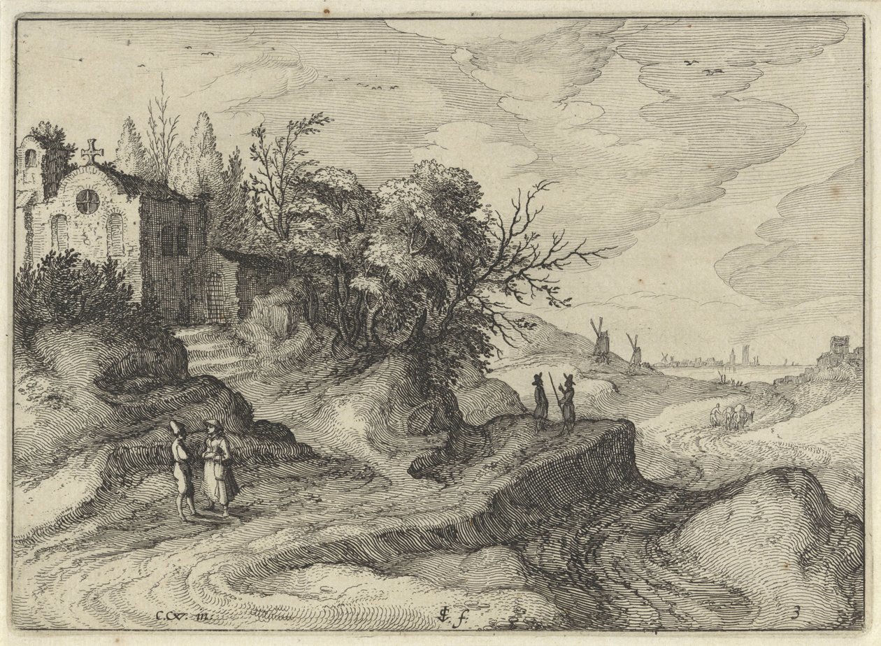 Capilla en una sinuosa carretera rural
Paisajes holandeses (título de la serie)
Amaeniores Aliquot Regiunculae (título de la serie en el objeto) de Claes Jansz. Visscher (II)