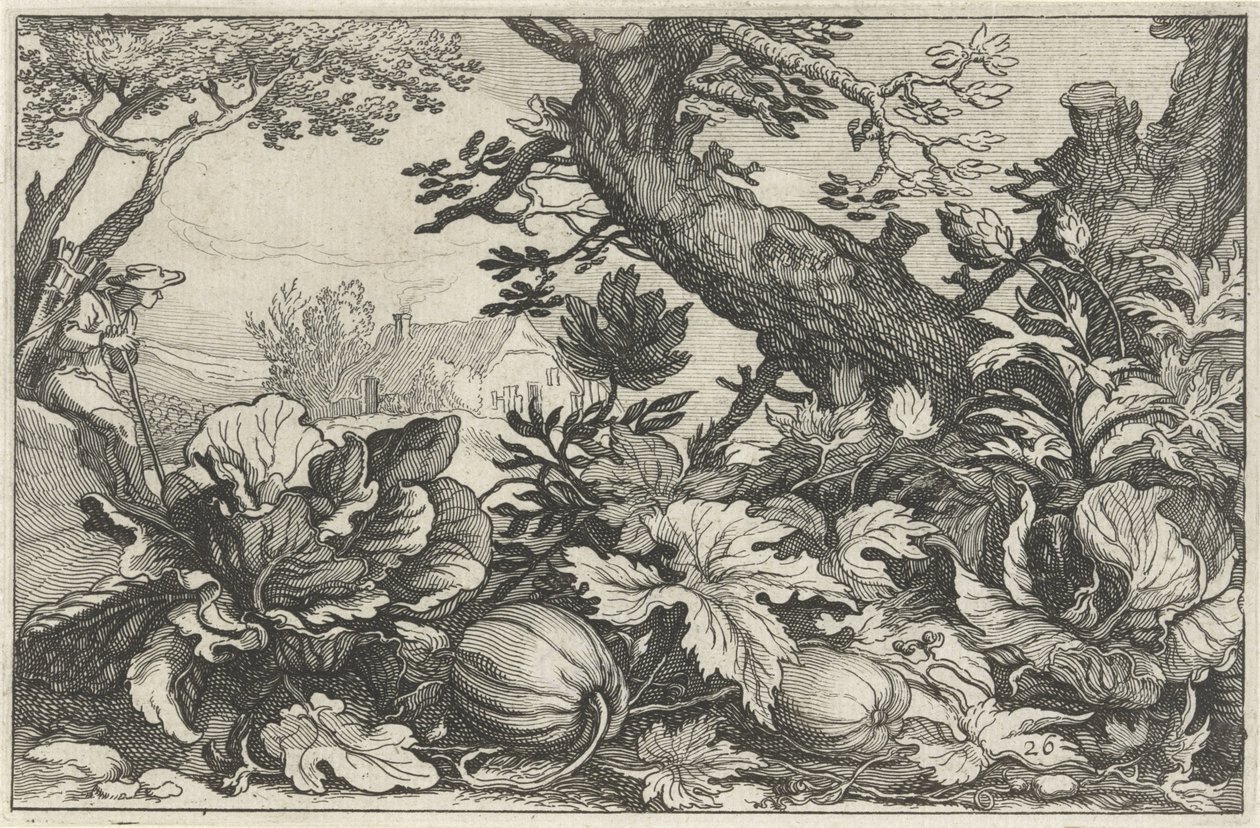 Paisaje con calabazas y carbón. Paisajes con fincas (título de la serie) de Claes Jansz. Visscher (II)