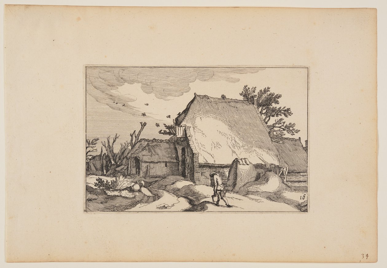 Una granja, hombre con dos cubos en el camino de enfrente, de Paisajes (Verscheyden aerdige Lanthuysen...) de Claes Jansz. Visscher