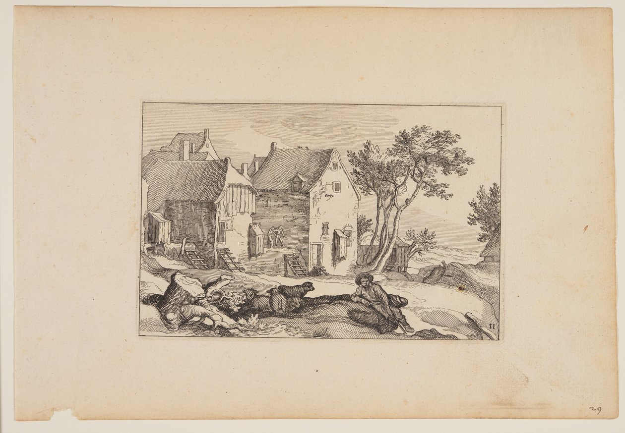 Un corral, pastor descansando en primer plano, de Paisajes (Verscheyden aerdige Lanthuysen...) de Claes Jansz. Visscher