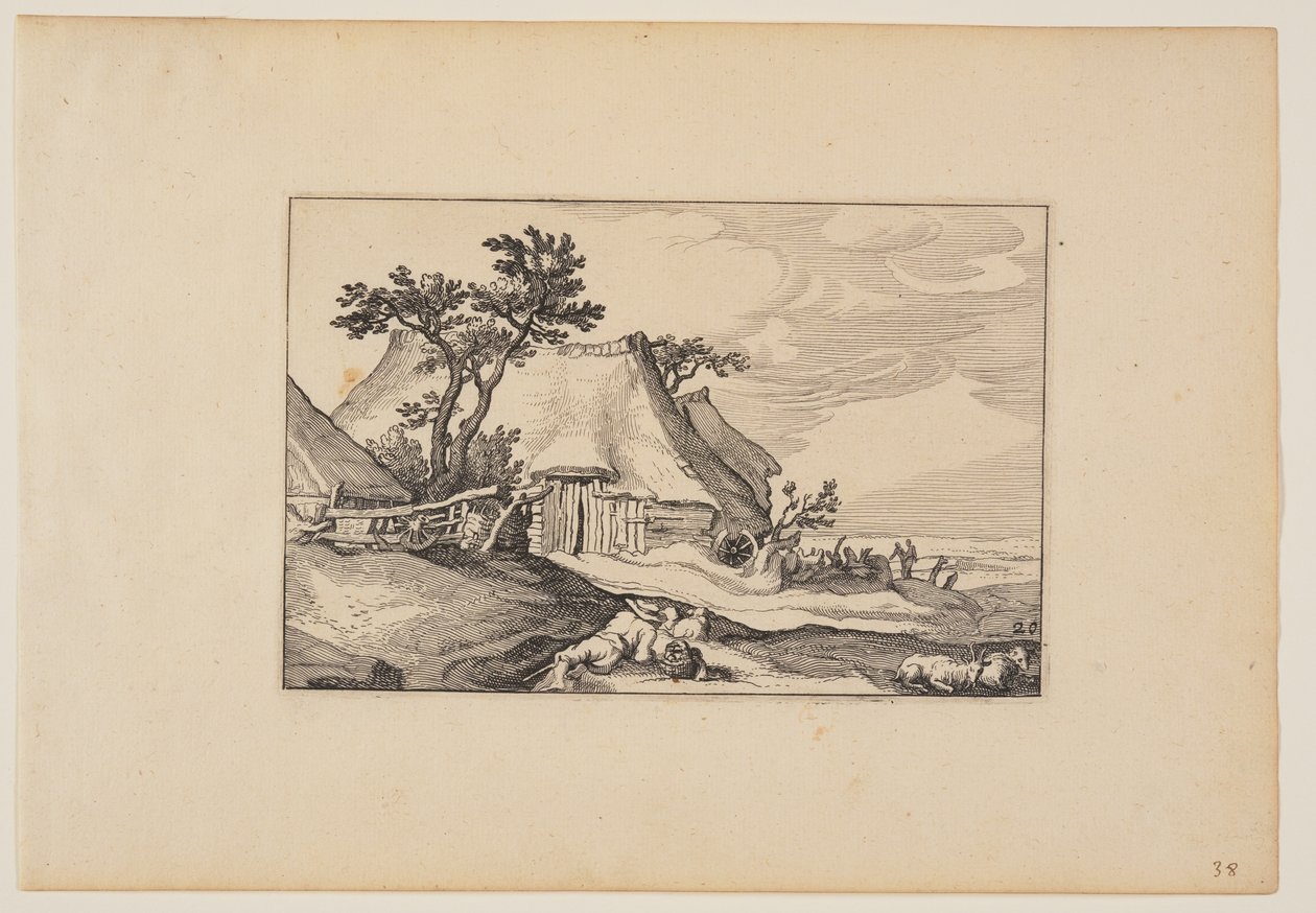 Graneros, hombre descansando con cesta de huevos en primer plano, de Paisajes (Verscheyden aerdige Lanthuysen...) de Claes Jansz. Visscher