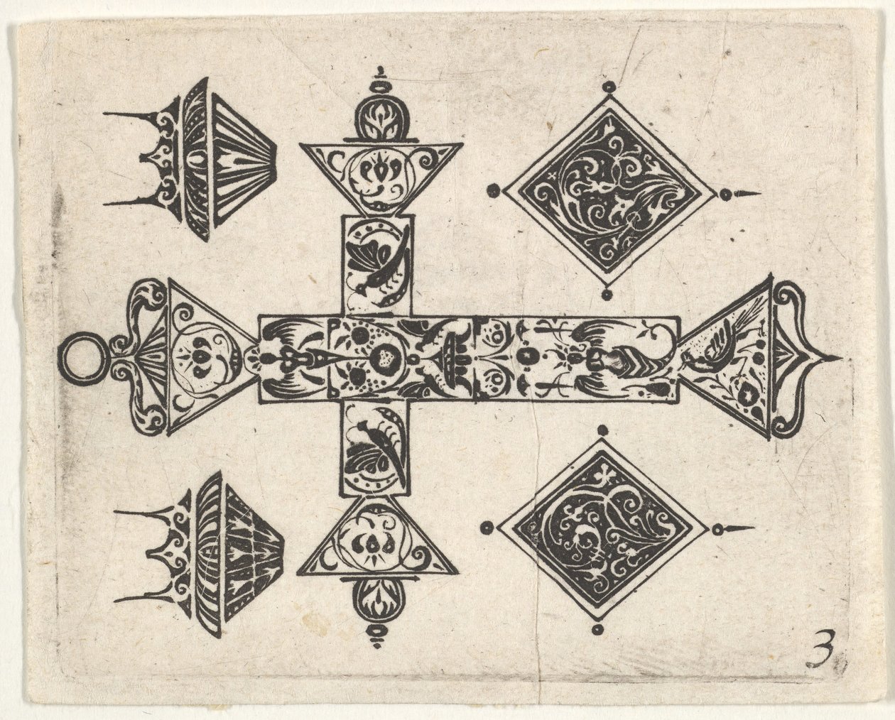 Estampa de Blackwork con una cruz latina y cuatro motivos de Claes Jansz Visscher