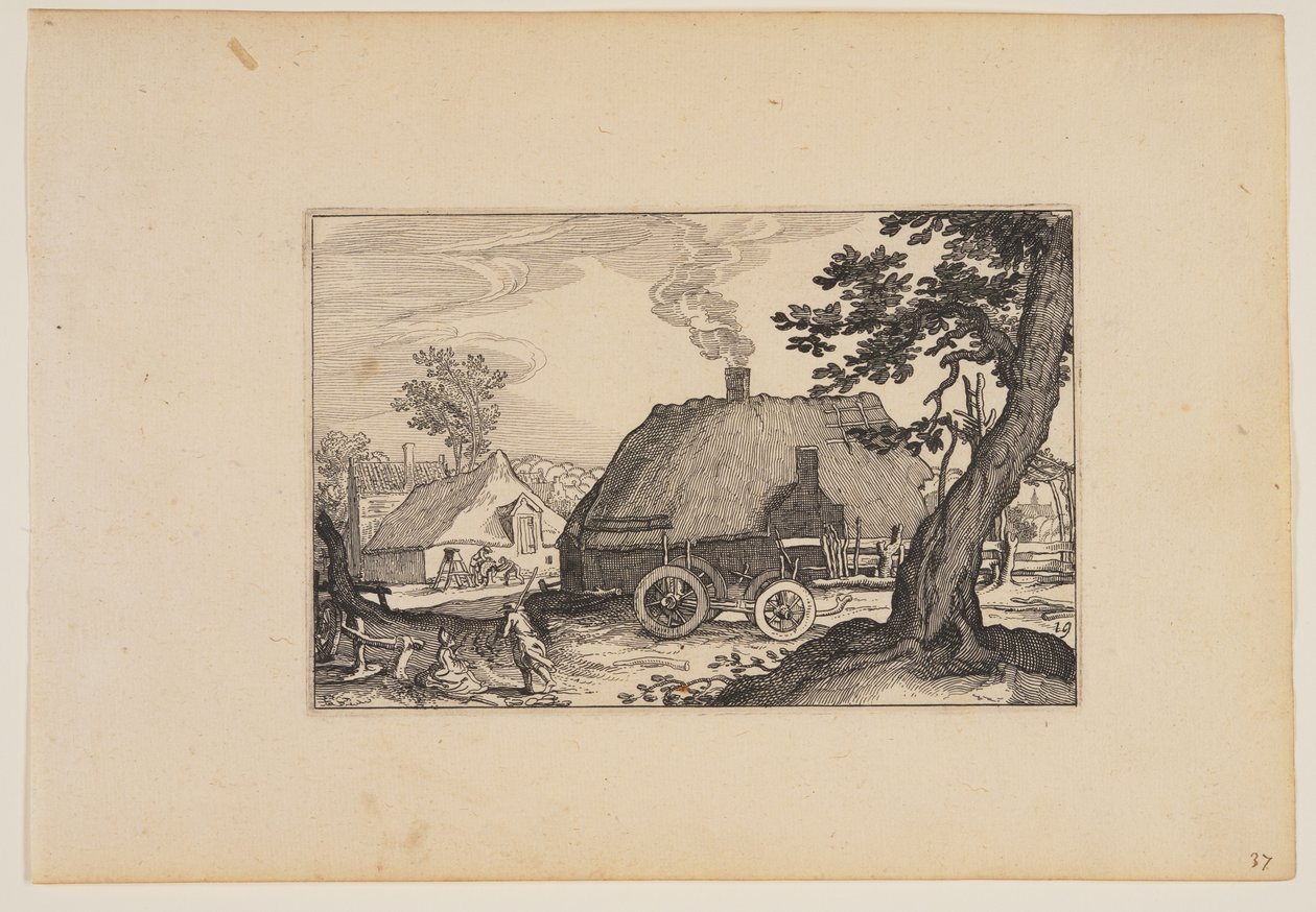 Granjas, chasis de un carro en el centro, de Paisajes (Verscheyden aerdige Lanthuysen...) de Claes Jansz. Visscher