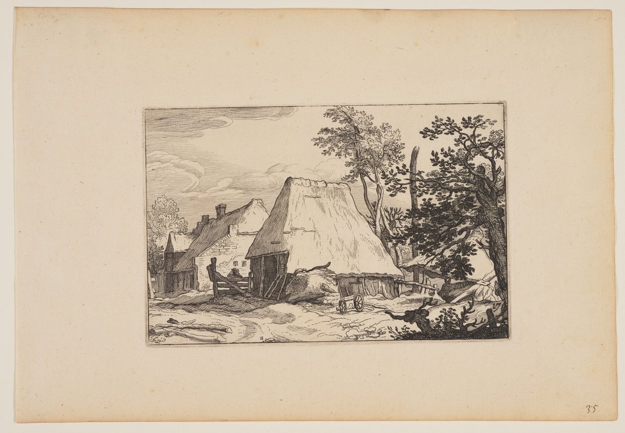 Granja, hombre descansando en una valla a la izquierda del centro, de Paisajes (Verscheyden aerdige Lanthuysen...) de Claes Jansz. Visscher