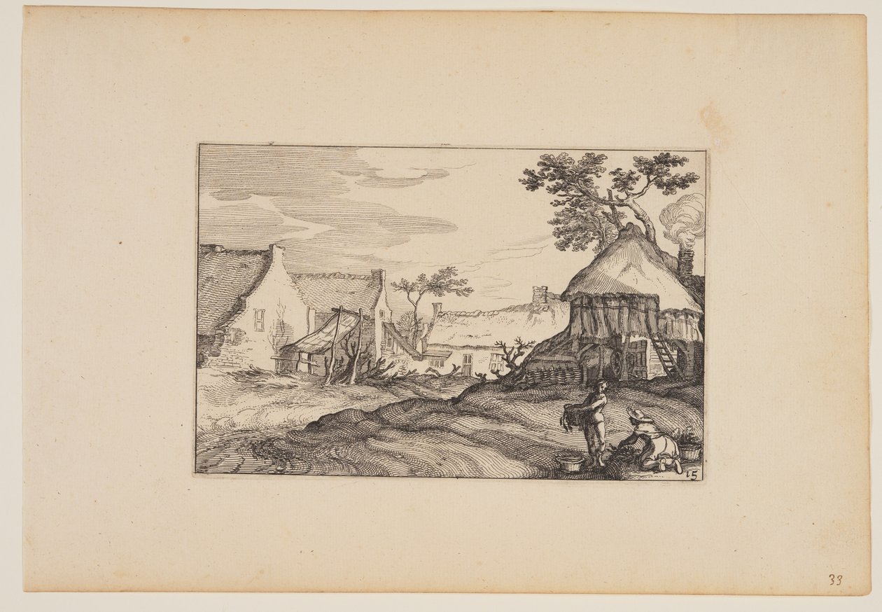 Joven de granja y mujer en primer plano, de Paisajes (Verscheyden aerdige Lanthuysen...) de Claes Jansz. Visscher