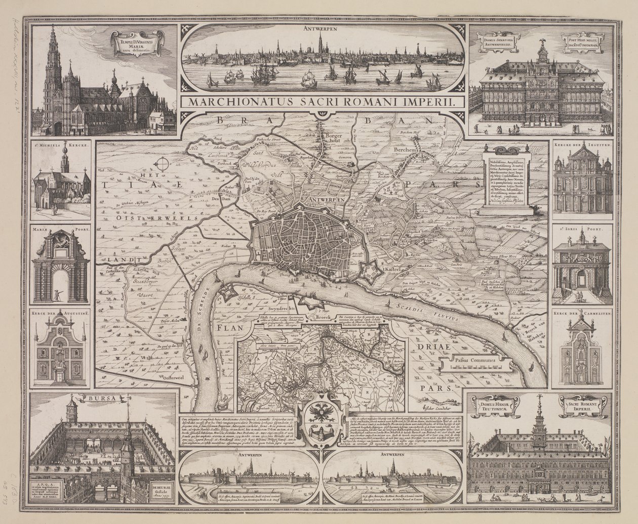 Plano de Amberes con perspectiva de la ciudad y los edificios más importantes de Claes Jansz. Visscher