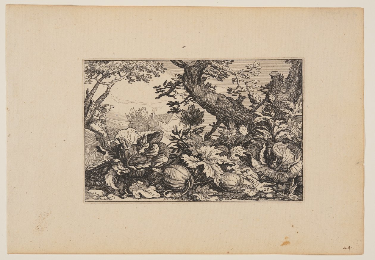 Árbol y melones, de Paisajes (Verscheyden aerdige Lanthuysen...) de Claes Jansz. Visscher