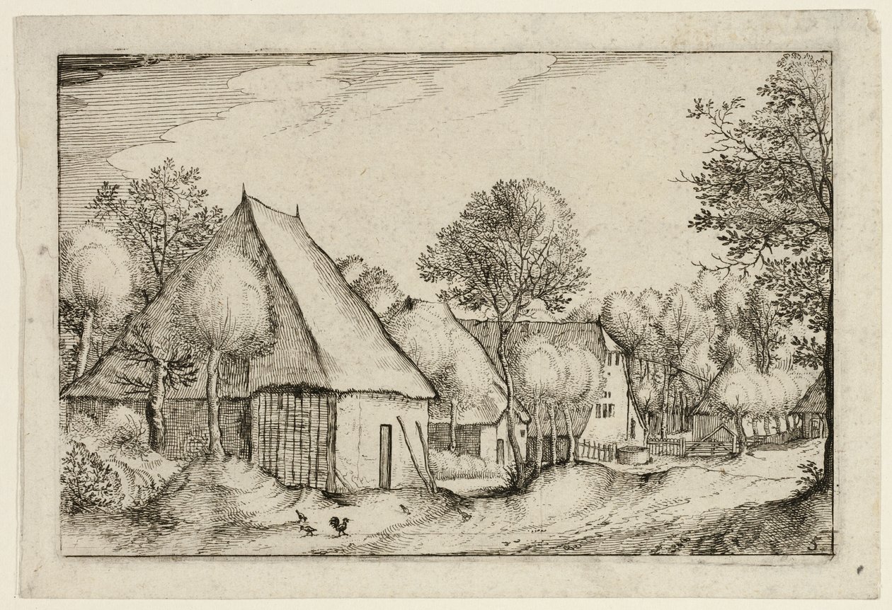 Un corral, lámina cinco según Cuadros de granjas, casas de campo y aldeas rústicas (Praediorum villarum et rusticarum casularum icones) de Claes Jansz. Visscher II