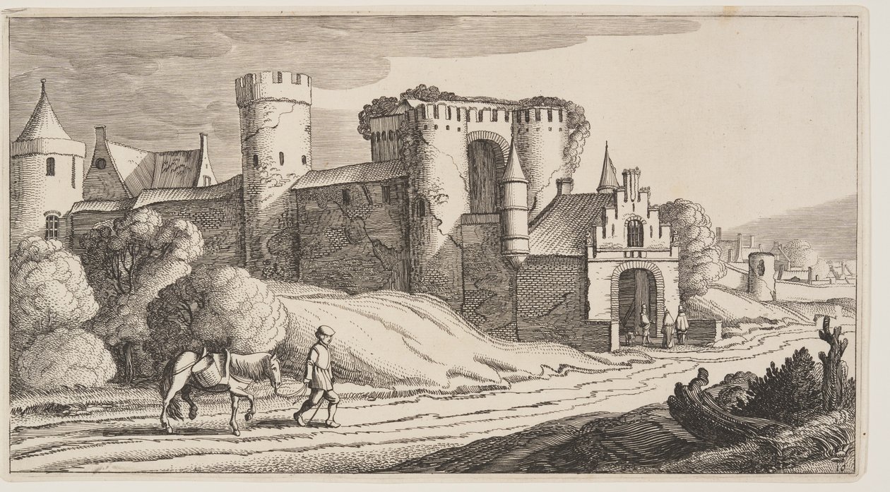 Un campesino con un caballo en un camino cerca de las murallas, de Paisajes (Playsante Lantschappen) de Claes Jansz. Visscher II