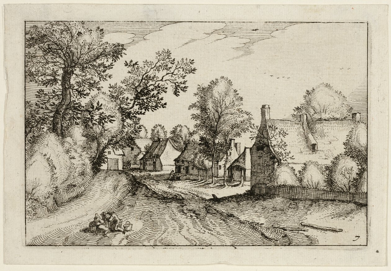 A Village Road, lámina siete después de Cuadros de granjas, casas de campo y aldeas rústicas (Praediorum villarum et rusticarum casularum icones) de Claes Jansz. Visscher II