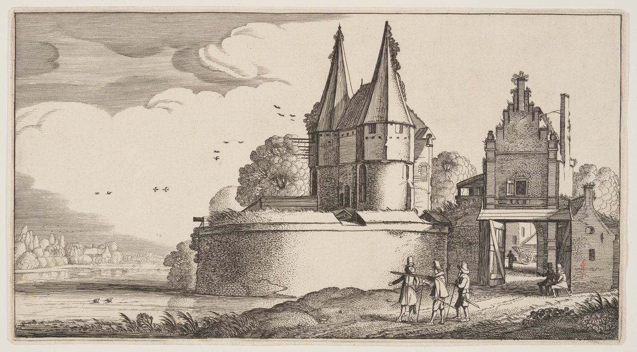 Bastión y ciudad-puerta sobre un río, de Paisajes (Playsante Lantschappen) de Claes Jansz. Visscher II